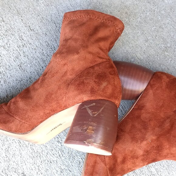 Bershka Burnt Orange Brown Faux Suede Fabric Sock Pull-On Sculpted Heel Booties - Picture 11 of 13